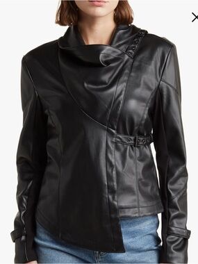 Ookie & Lala True Black Drape Faux Leather Moto Jacket